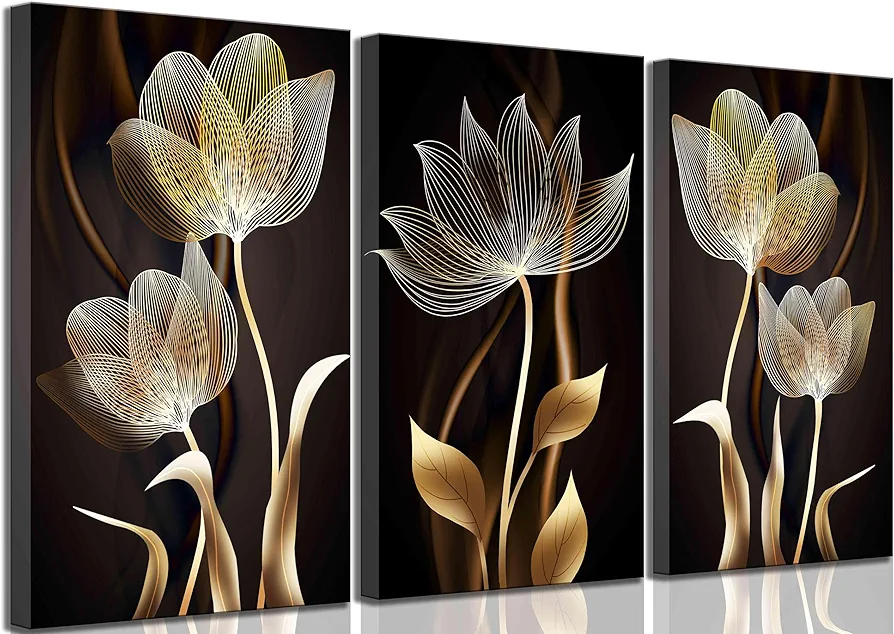 3 Pieces Framed Modern Abstract Brown Flowers Canvas Wall Art Minimalism Black and Gold Floral Painting Pictures Luxury Wall Decor Posters Print Artwork for living room Office Bedroom Home Decoration