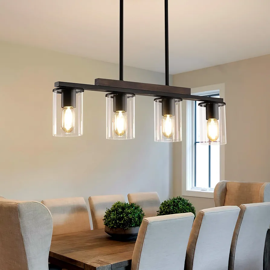 Farmhouse Dining Room Light Fixtures Over Table, Black Pendant Lights for Kitchen Island, 4 Light Linear Chandelier Lighting with Wood