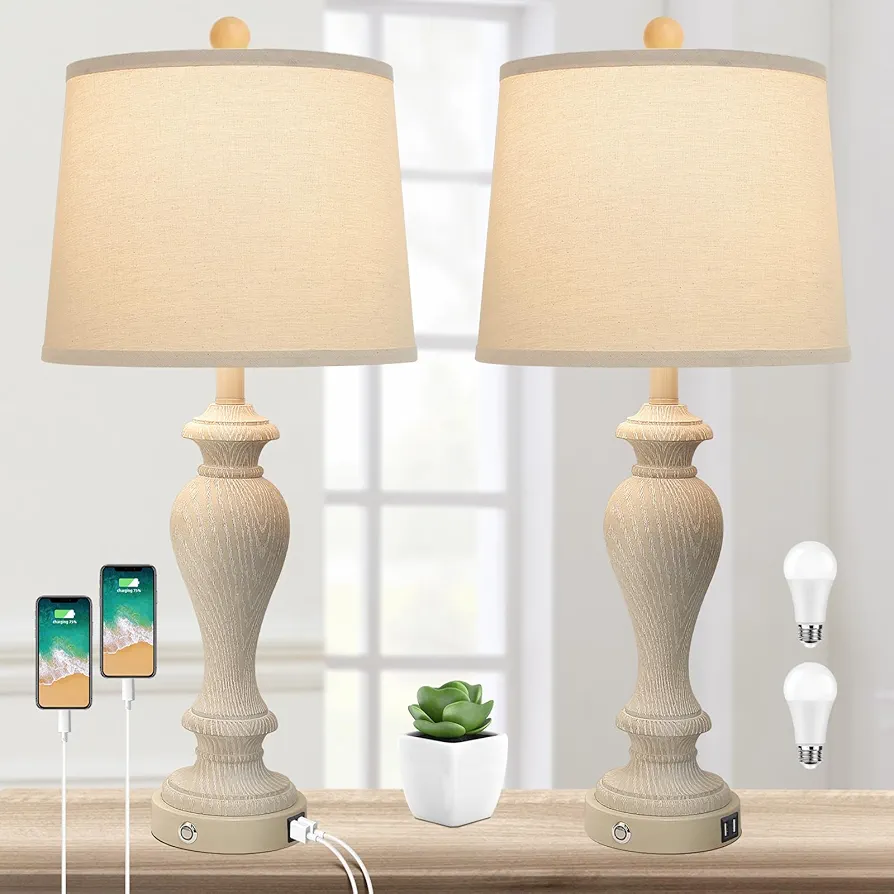 28" Table Lamps for Bedroom Set of 2, Touch Control Lamps with 2 USB Ports, 3-Way Dimmable, Large Bedside Lamps for Living Room Nightstand, Vintage Resin Desk Lamp with Beige Linen Lampshade, LED Bulb