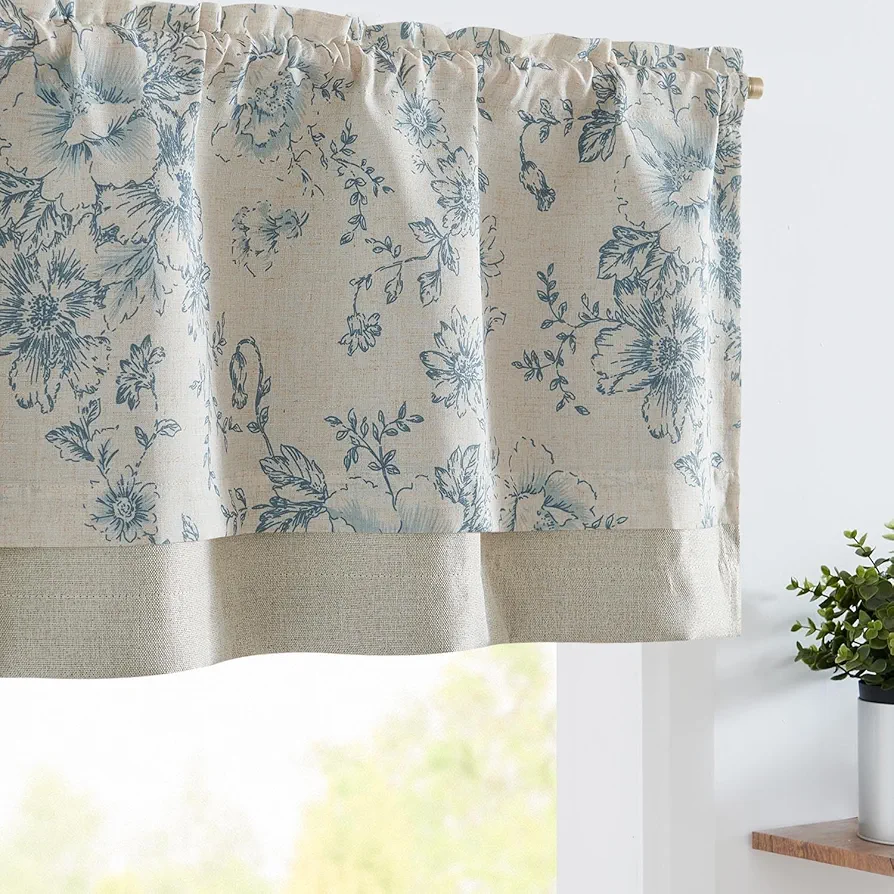 jinchan Linen Floral Valance Double Layer Kitchen Window Curtain Blue Flower on Beige Valance for Living Room Cafe Farmhouse Room Darkening Rustic Country Curtain 18 Inch Rod Pocket 1 Panel