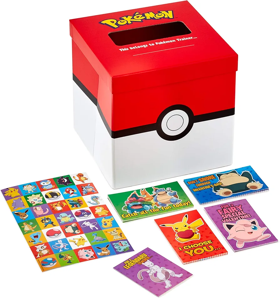 Hallmark Pokémon Valentines Day Cards and Mailbox for Kids School Classroom Exchange (1 Box, 32 Valentine Cards, 35 Stickers, 1 Teacher Card)