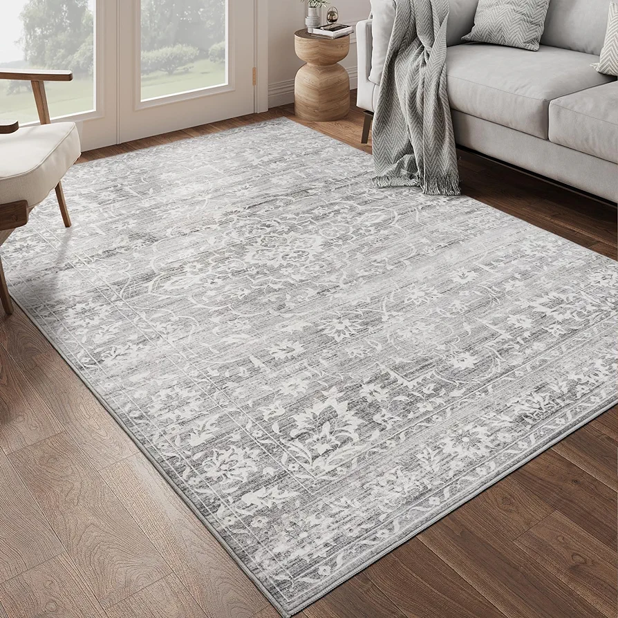 6x9 Area Rugs for Living Room, Stain Resistant Washable Rugs for Dining Room, Floral Vintage Non-Slip Gray Thin Area Rug(Grey, 6'x9')