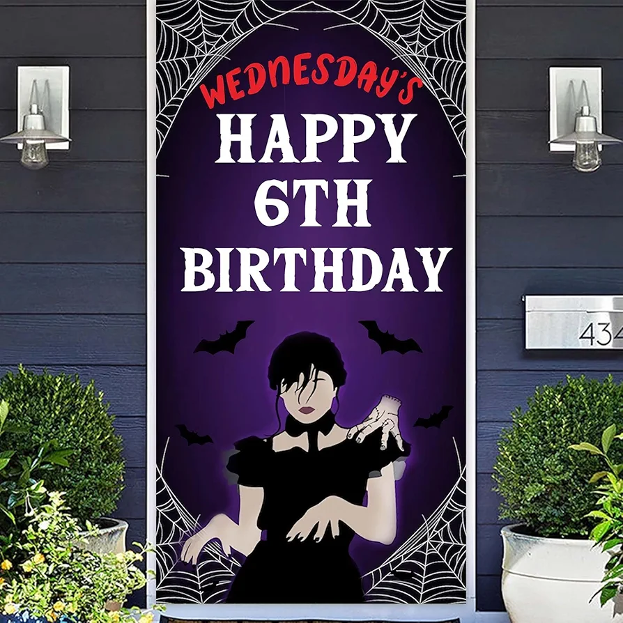 Wednesday Banner Happy 6th Birthday Backdrop Horror Fantasy TV Drama Theme for Boy Girl Fan Room Bedroom Playroom College Dorm and Apartment Decor Wednesday Party Supplies Birthday Party Decorations