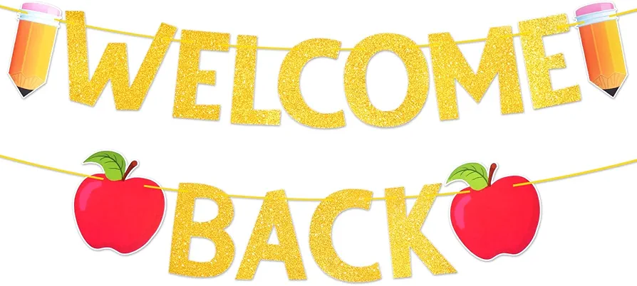 Glitter Welcome Back to School Banner - Pre-strung Hanging Paper Garland Decorations for Kindergarten Classroom, First Day of School Preschool Photo Backdrop for Wall, Hallway, Teacher Office Supplies