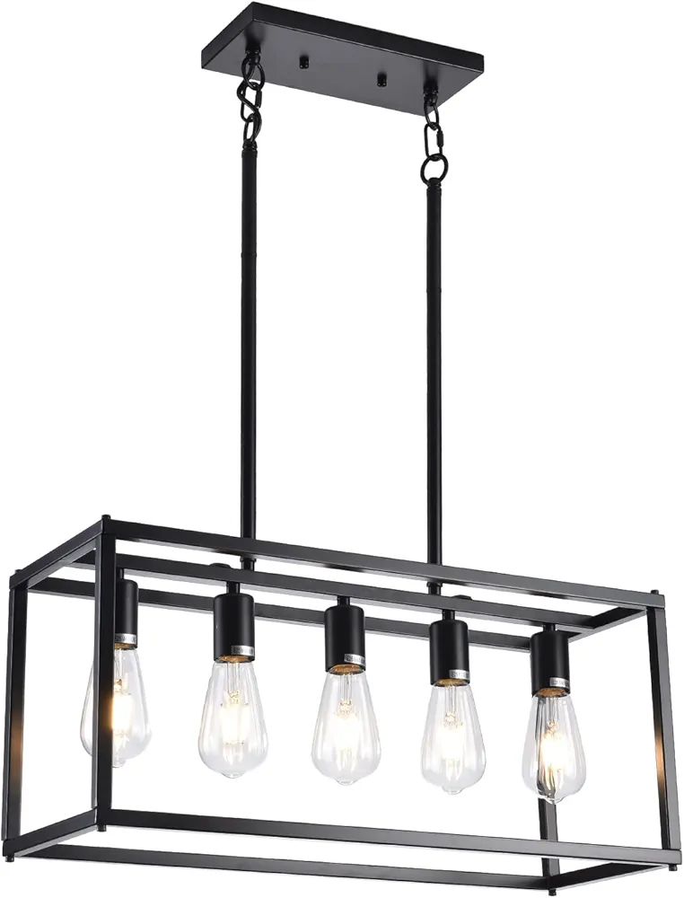 5-Light Kitchen Light Fixtures Black Farmhouse Chandelier Rectangular Dining Room Light Fixture Linear Pendant Lighting Hanging Lights for Kitchen Island Living Room Adjustable Height E26