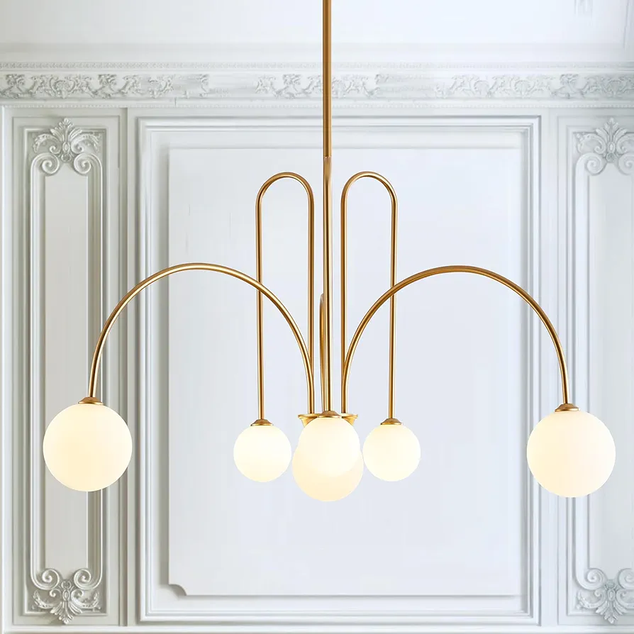 Gold Sputnik Chandelier,6 Lights Large Modern Chandelier L40”Mid Century Long Ceiling Pendant Light Fixtures for Dining Room with Milk Glass Globe Shades for High Ceiling Foyer Living Room