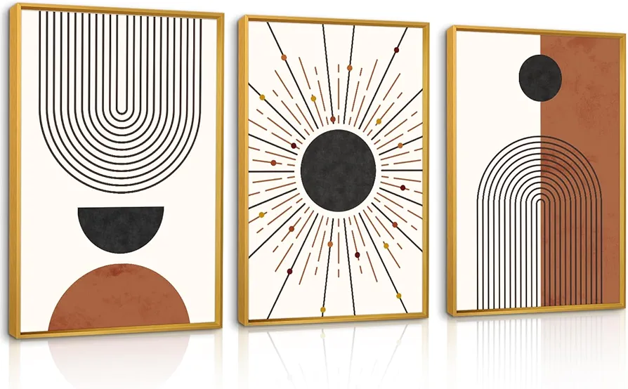 Ausril Minimalist Boho Framed Canvas Wall Art Set, Neutral Geometric Line Sun Wall Decor, Mid Century Wall Painting, Abstract Modern Bohemian Art Print for Living Room, Bedroom, Office -16"x24"x3