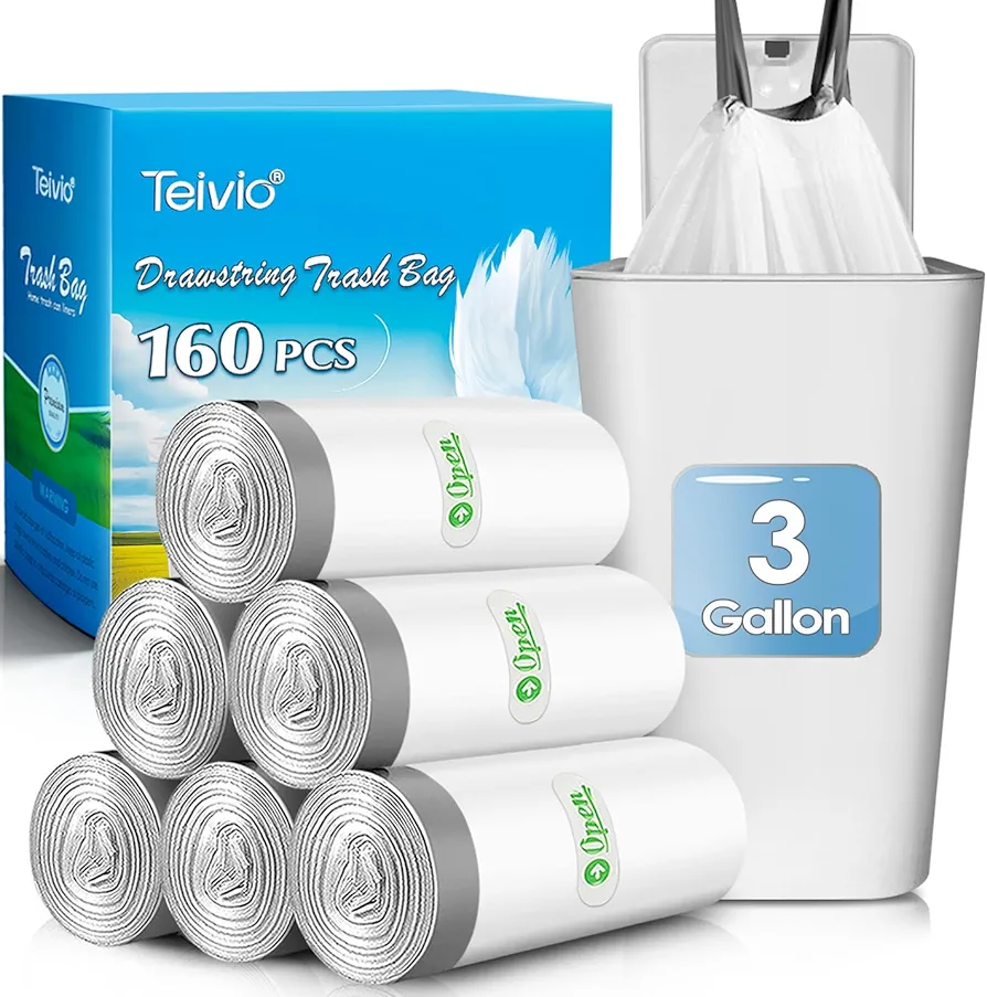 Teivio 3 Gallon 160 Counts Mini Strong Drawstring Trash Bags Garbage Bags, fit 10-12 Liter Small Trash Can,Tiny Waste Basket Liners for Home Office Bathroom Bedroom Car, White