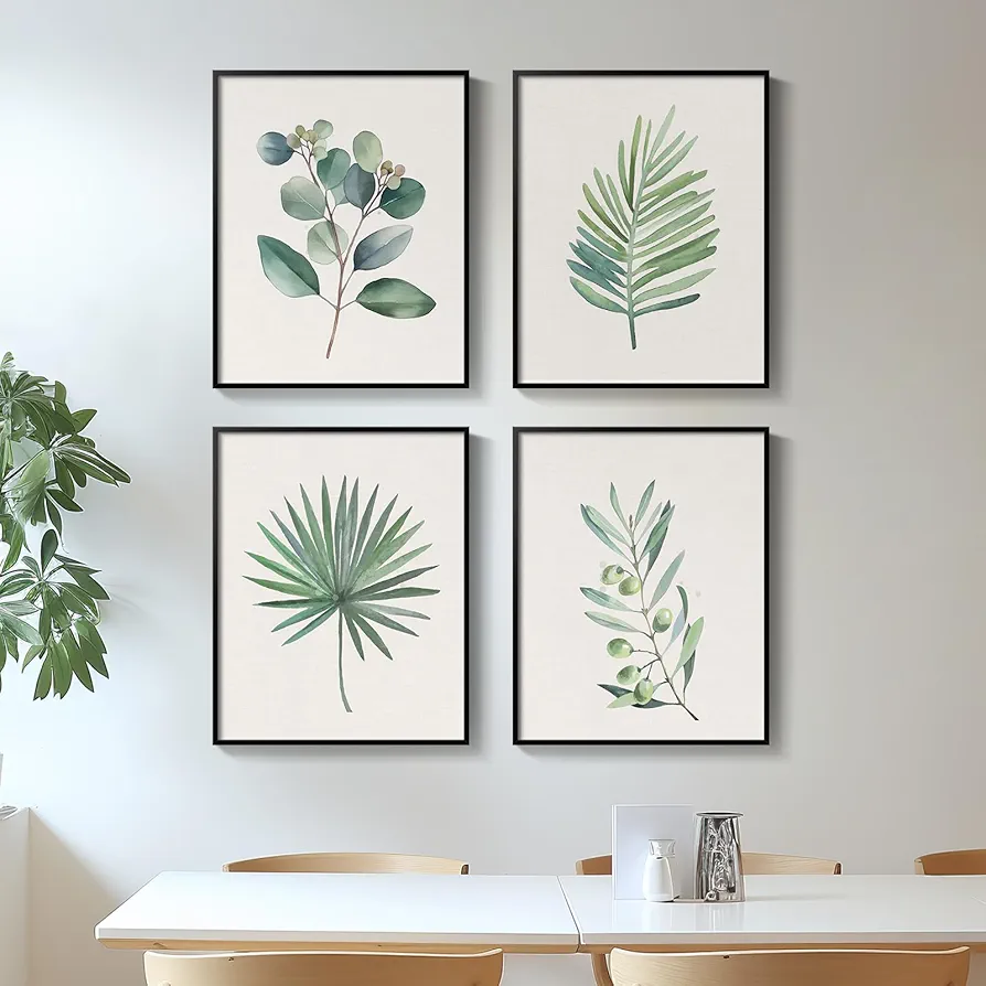 Botanical Wall Art - Framed Canvas Artwork for Walls, Set of 4 Rustic Green Plants Leaf Painting with Black Frame for Farmhouse Living Room Bedroom Bathroom Wall Decor - 8 x 10 Inches