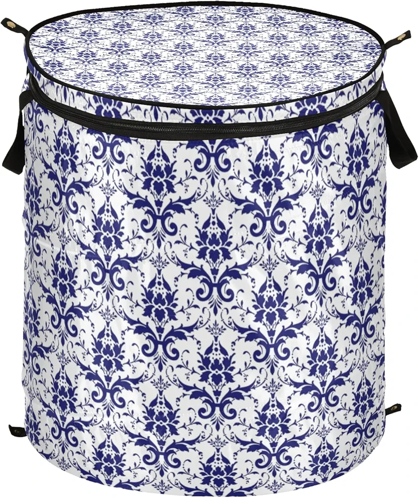 Seamless Navy Blue Lace Damask Flowers on White Pop Up Laundry Hamper, Collapsible Dirty Clothes Basket with Zipper Lid, Storage Bag Washing Bin for Room College Dorm Travel