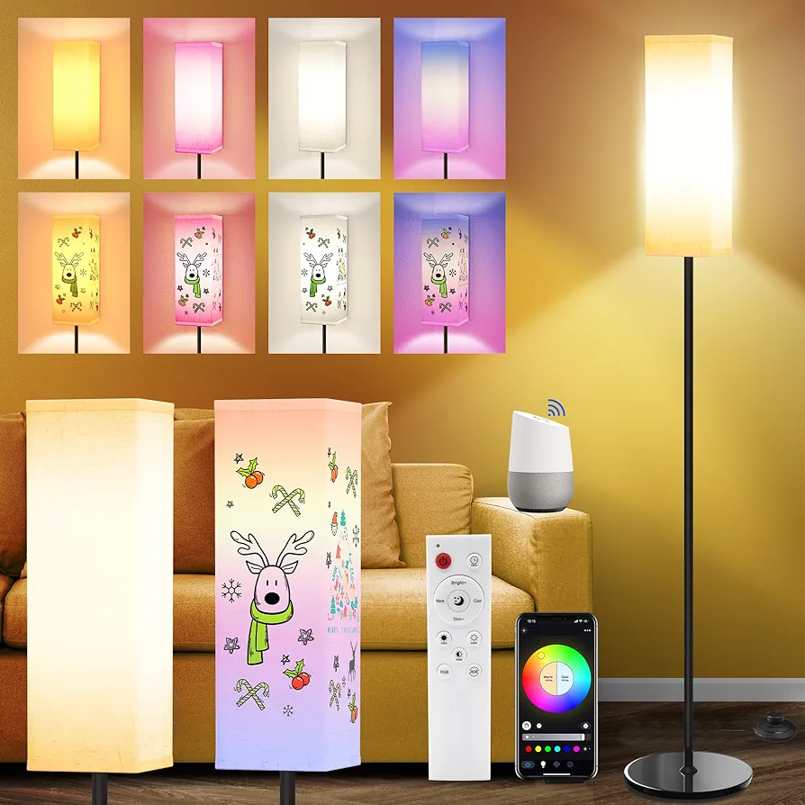 Smart RGB Floor Lamp for Living Room, Bedroom, Modern LED Standing Tall Lamp, WiFi Music Smart Corner Lamp with Remote Control, Dimmable, Compatible with Alexa and Google Home (2 lampshades)