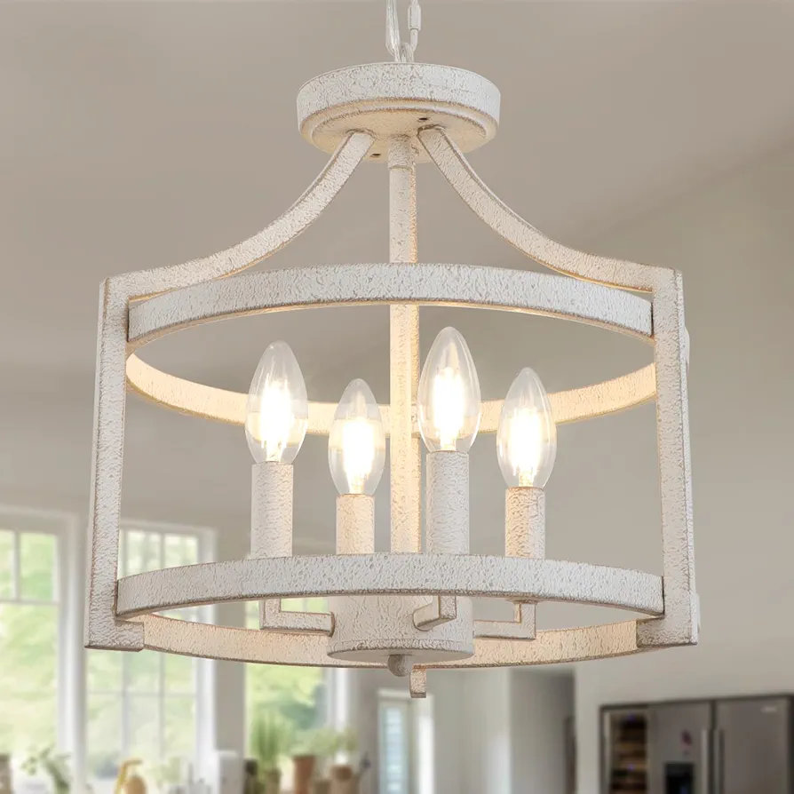 Antique White Farmhouse Chandelier, 4-Light Semi Flush Mount Ceiling Light Fixture Convertible Pendant Light Fixtures, Rustic Height Adjustable Metal Chandeliers for Dining Room Kitchen