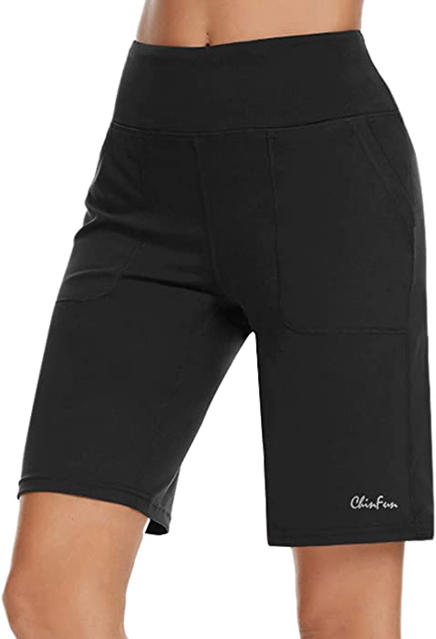 ChinFun Women's 10" High Waist Yoga Shorts Athletic Workout Running Lounge Bermuda Shorts with Pockets