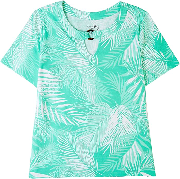 Coral Bay Petite Tropical Keyhole Ring Short Sleeve Top