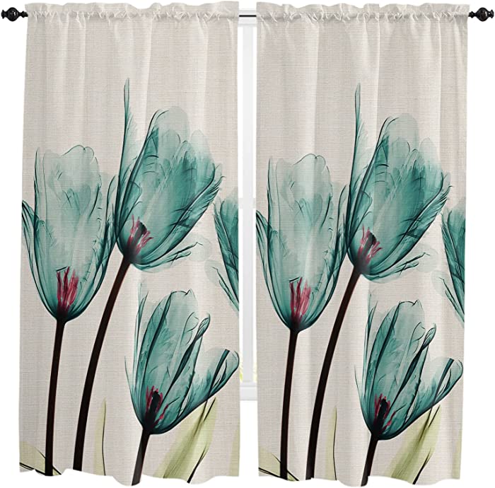 Window Curtain Panels Set of 2, Spring Tulip Flower Rod Pocket Curtain Drapes for Kitchen Bedroom Living Room, Machine Washable Drapery Window Valances, 52x72inch, Vintage Floral