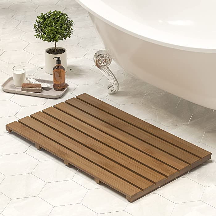 Bamboo Wooden Bath Floor Mat for Luxury Shower - Non-Slip Bathroom Waterproof Carpet for Indoor or Outdoor Use (Walnut,31.3 x 18.1 x 1.5 Inches)