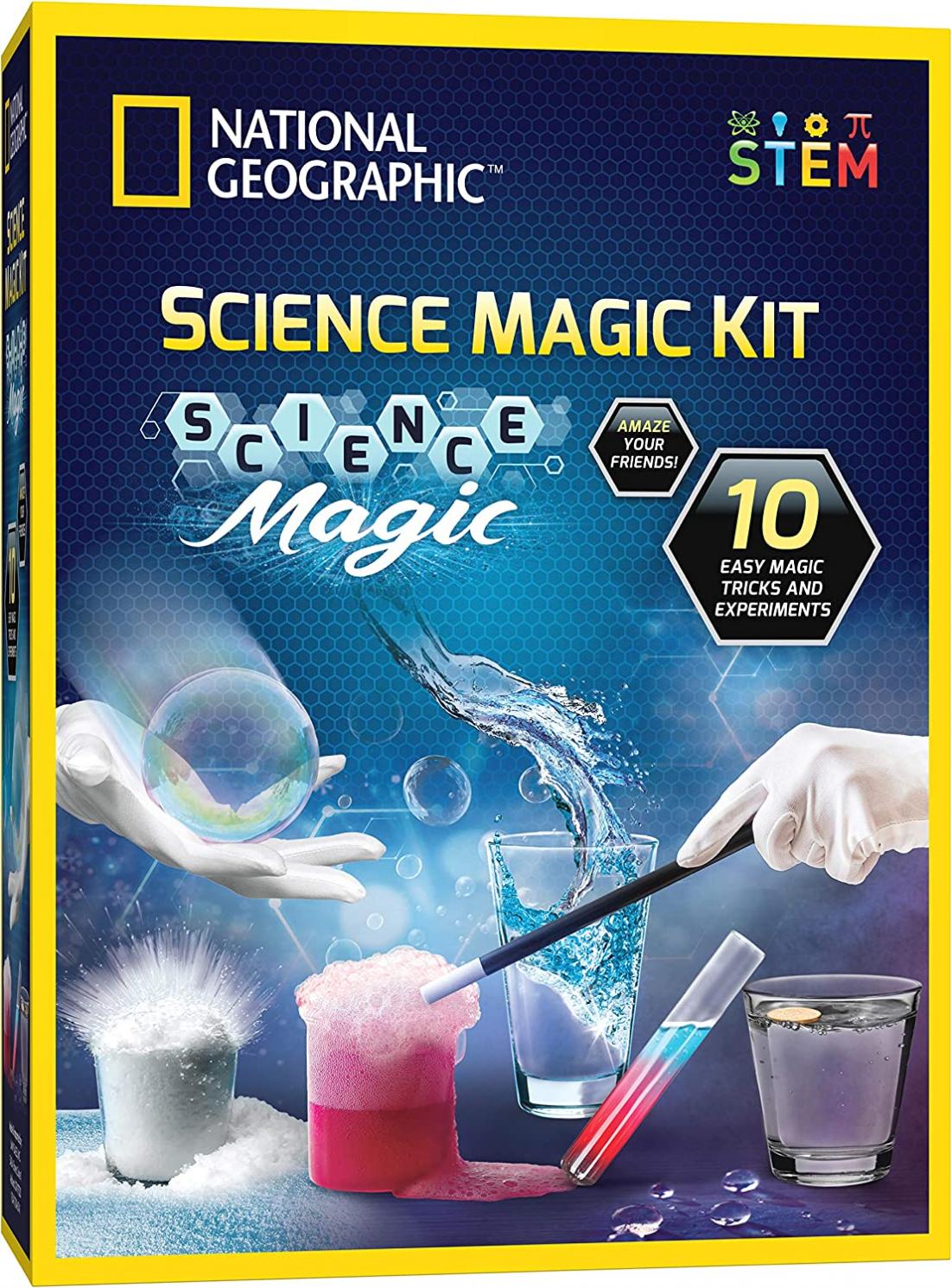 NATIONAL GEOGRAPHIC Magic Chemistry Set - Perform 10 Amazing Easy Tricks with Science, Create a Magic Show with White Gloves & Magic Wand, Great STEM Learning Science Kit for Boys and Girls