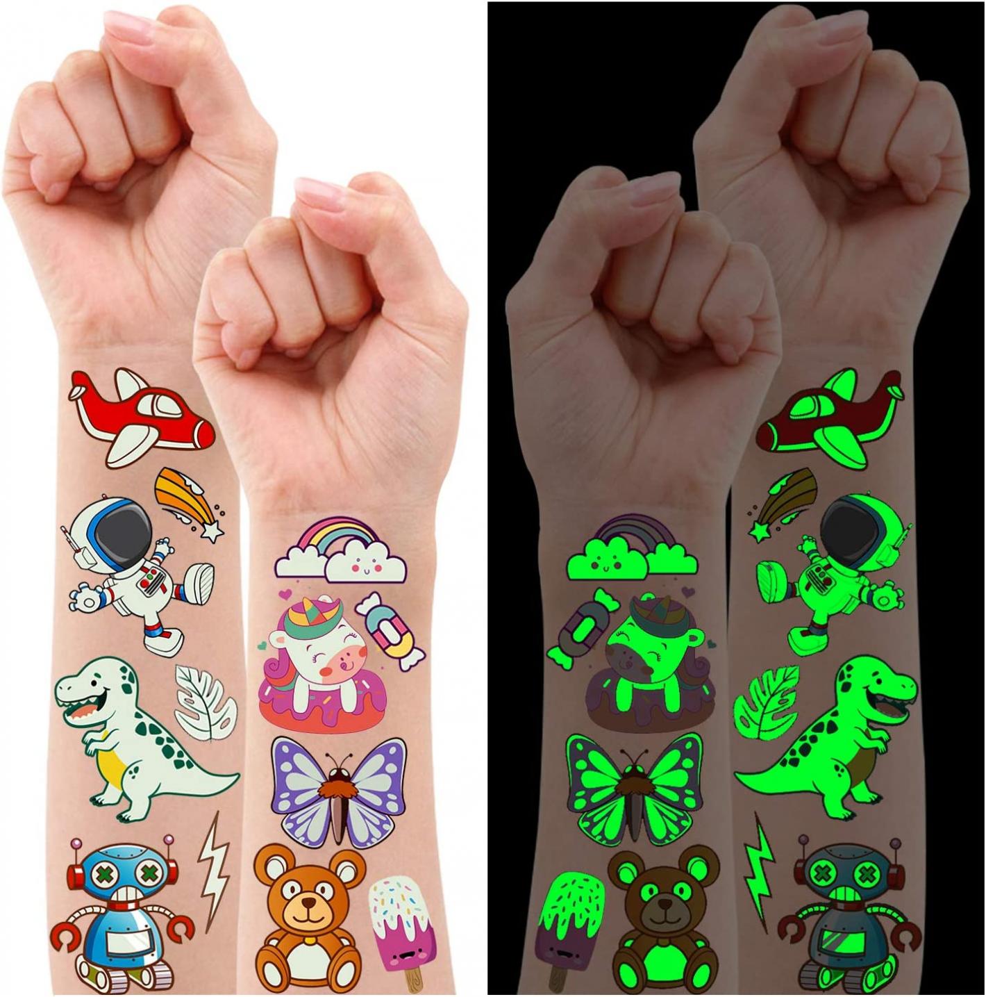 Partywind 380 Styles (30 Sheets) Luminous Tattoos for Kids, Mixed Styles Temporary Tattoos Stickers with Unicorn/Mermaid/Dinosaur/Outer Space/Pirate for Boys and Girls, Glow Party Supplies Gifts for Children