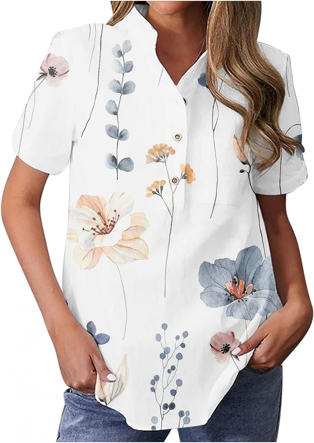 Linen Button Up Shirts for Women Trendy 2023 Casual Loose Fit Summer Tops Boho Floral Print Collared Tshirt Blouses