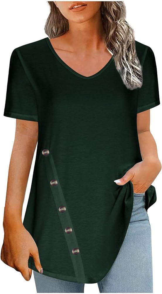 DASAYO Womens Tunics Dressy Casual Summer Loose Fashion Tops Tunic Comfy Going Out Flowy Trendy Shirts V Neck Ladies Tshirt