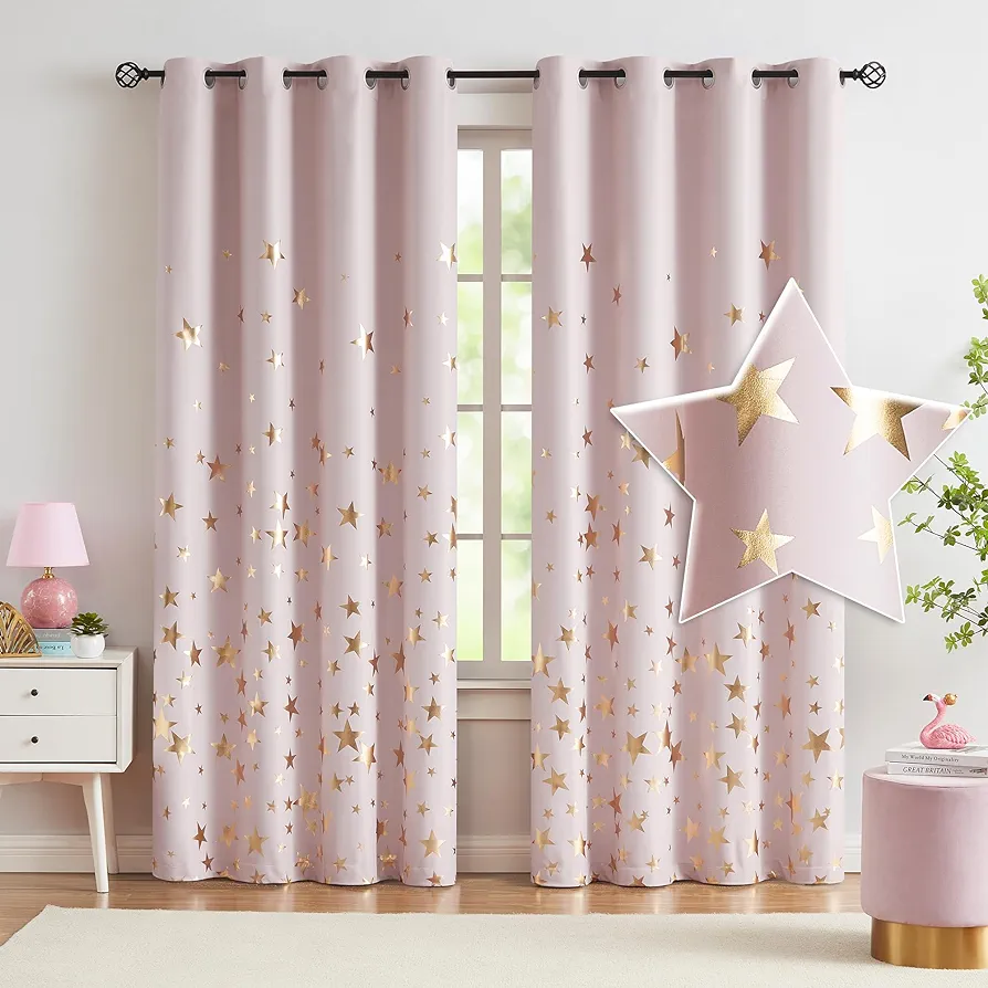 Pink Kids Curtains for Bedroom Star Full Blackout Curtains for Girls Baby Nursery Room, Metallic Gold Stars Romantic Starry Sky Space Theme 100% Blackout Windows Curtains 50"w 84"L, Gold Pink, 2panels