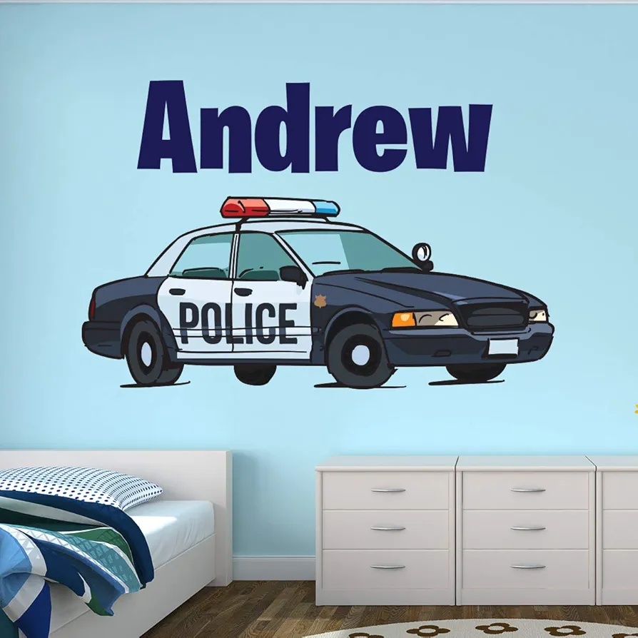 Custom Name Wall Decals Police Car Wall Art Kids Boys Mural Bedroom Room Wall Decor Removable Vinyl Wall Stickers Gift ND61 (24"W x 16"H inches)