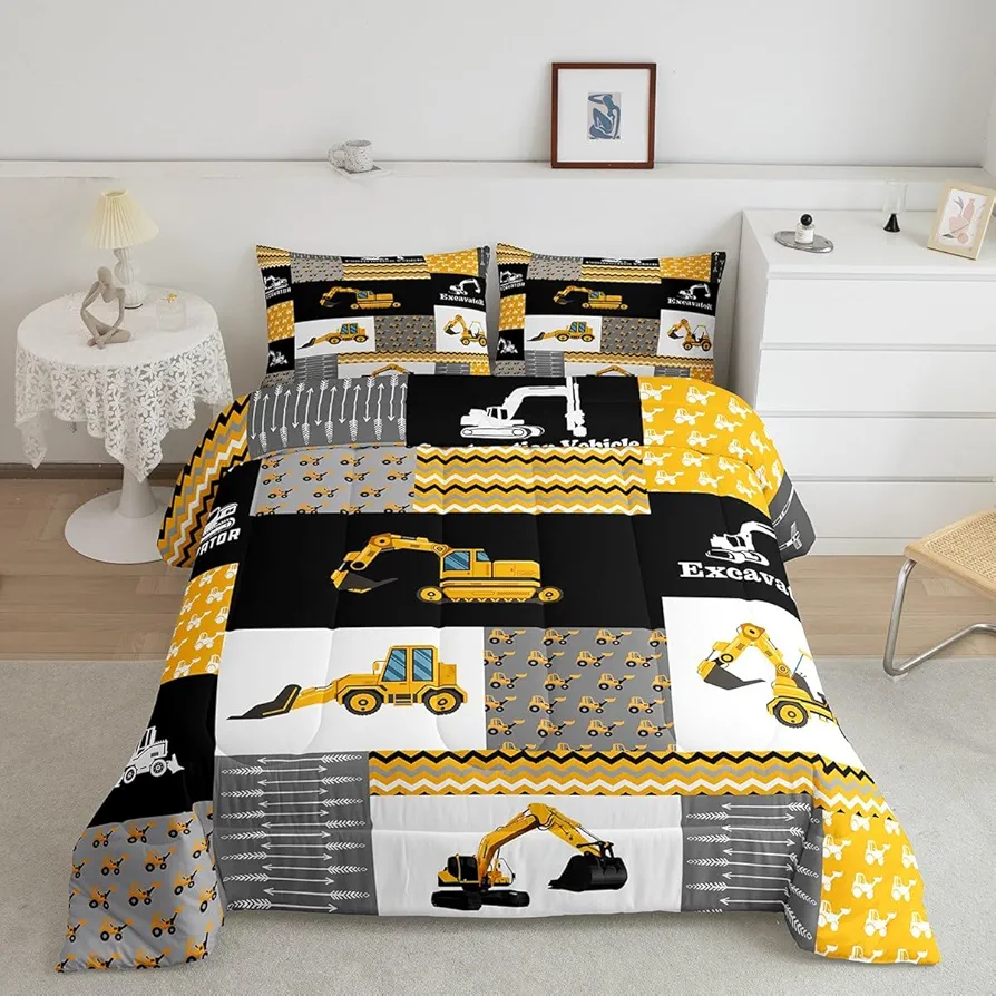 Feelyou Excavator Comforter Construction Vehicles Comforter Set Equipment Trucks Bedding Set for Children Kids Boys Girls Cartoon Car Duvet Set Geometric Lattice Room Decor Quilt Set Twin Size