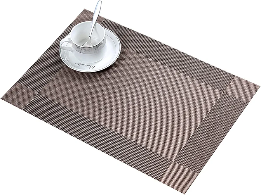 6 PCS Washable Waterproof Heat Insulation PVC Dining Room Placemats, Classic Woven Vinyl Table Mats Heat-Resistant Non-Slip Insulation Table Runner for Kitchen Dining Table Decoration (Coffee)