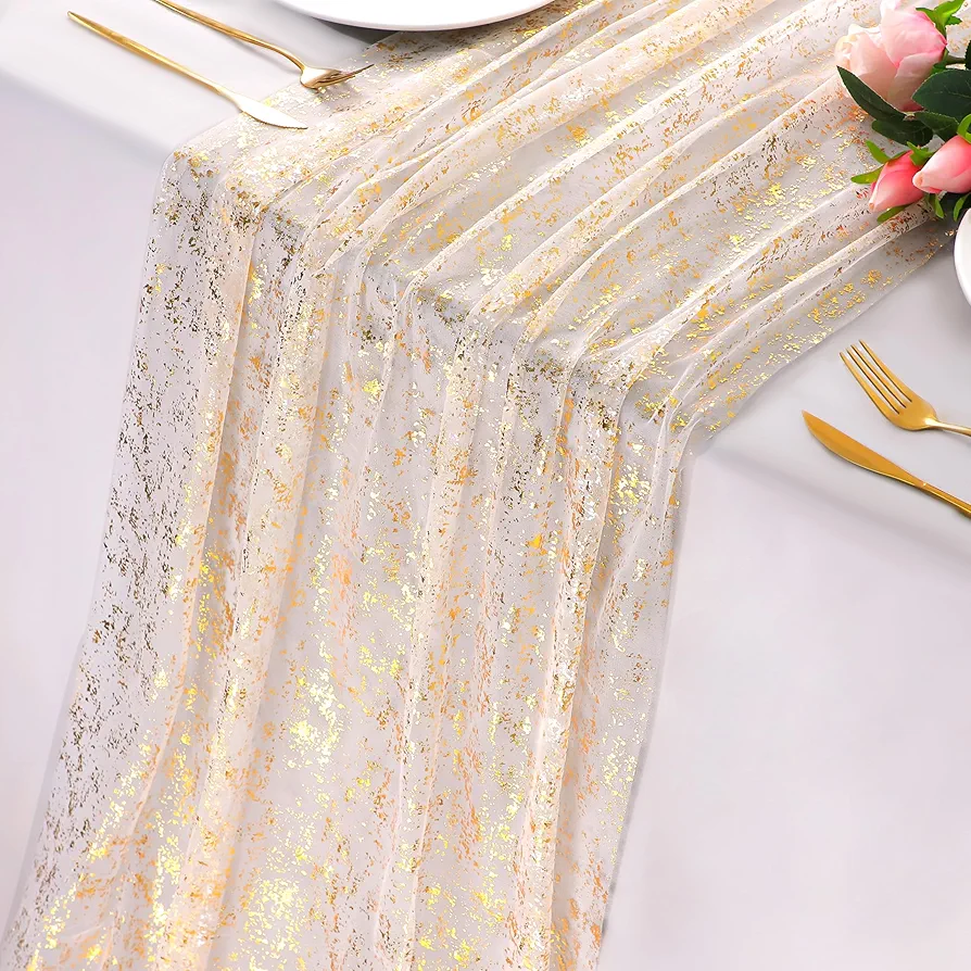 Snowkingdom 10Ft Gold Table Runner, Gold Gauze Sheer Chiffon Cheesecloth Runner Sequin Glitter Metallic Foil, Gold Party Table Decorations Centerpiece for Wedding Birthday Christmas Bridal Baby Shower