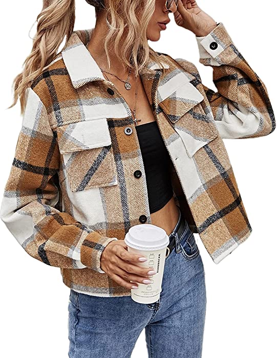 Yeokou Women's Fashion Cropped Flannel Wool Blend Plaid Shacket Long Sleeve Button Down Jackets Coat