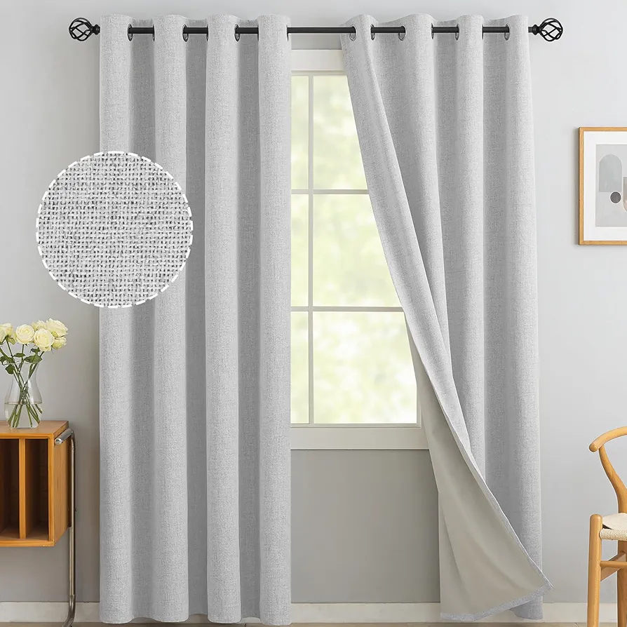 Yakamok White Linen Curtains 100% Blackout 84 Inches Long,Room Darkening Textured Curtains for Living Room Thermal Grommet Bedroom Curtains 2 Panels with Greyish White Liner