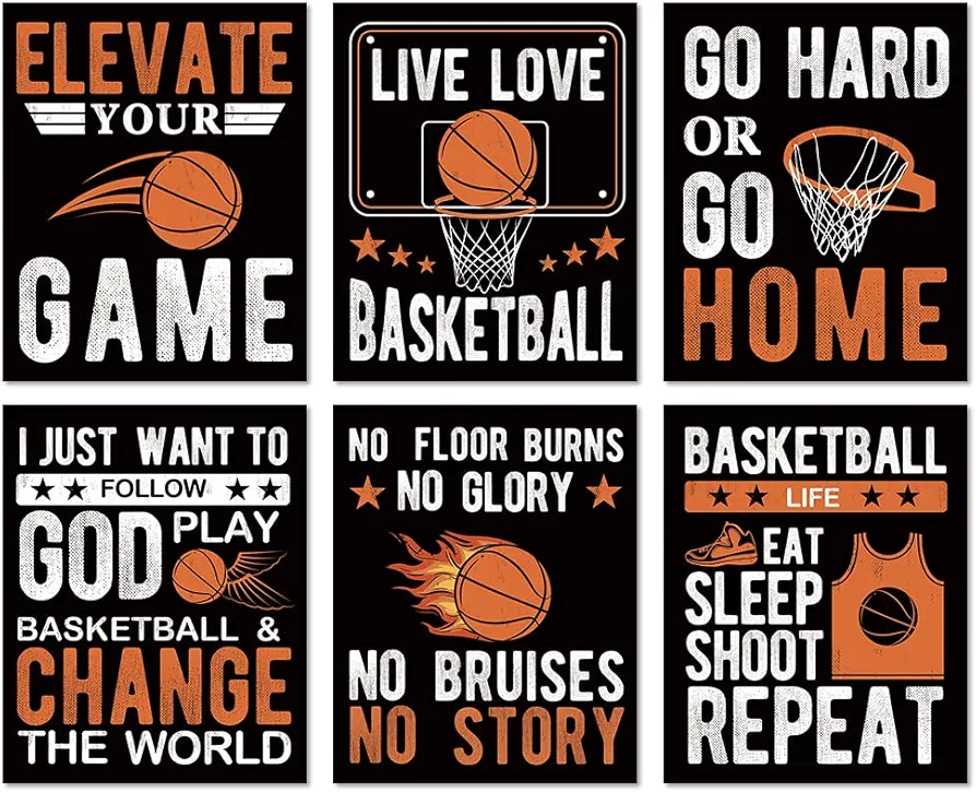 LHIUEM Motivational Basketball Poster Prints,Set Of 6(Unframed,8”X10”),Inspirational Sport Quotes Wall Art Print For Men Boys Bedroom Living Room Home Décor