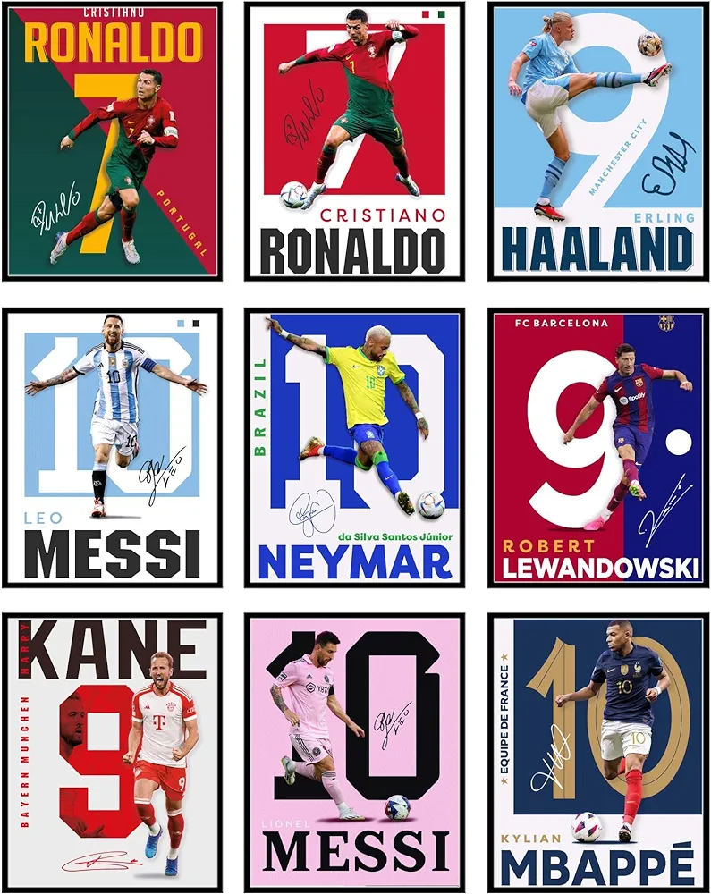 BigWig Prints Soccer Poster - Soccer Posters For Boys Bedroom, Messi And Ronaldo Poster, Messi Posters For Boys Bedroom, Soccer Wall Art, Messi Wall Art, Ronaldo Posters - Unframed Set Of 9 (8x10”)