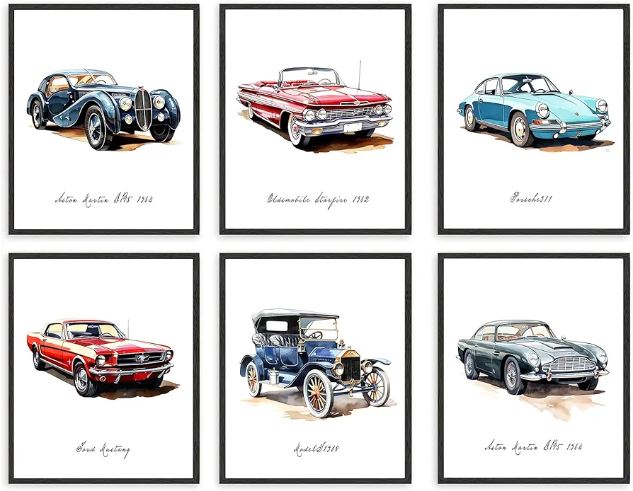 Watercolor Classic Car Wall Art Prints,Vintage Classic Car Wall Poster,Retro Racecar Art Poster Decor for Boys Room Wall Decor Nursery Decor Teens Bedroom Playroom Decoration,Set of 6