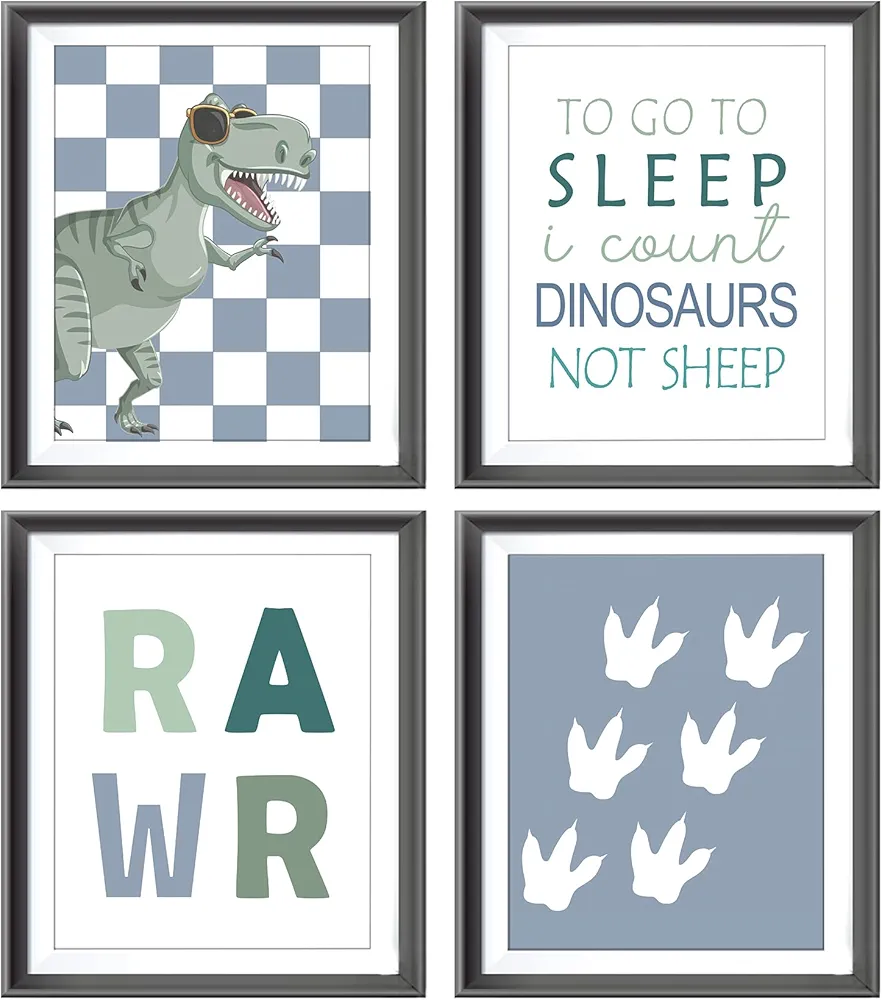 Rawr Retro Checkered Dinosaur T-Rex Pawprints Poster Prints for Teen Boy Kids Room Playroom Decor,Dinosaurs Nursery Decorations Prints Wall Art Unframed 4pcs 8x10inches,Boys Kids Gifts