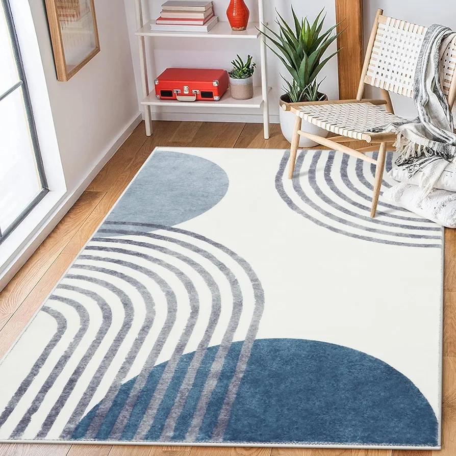 Wonnitar Boho Area Rug, 3x5 Washable Rugs for Living Room, Non-Slip Blue Rugs for Bedroom, Modern Abstract Low Pile Small Aesthetic Floor Carpet for Baby Boy Room Dorm Playroom (Blue,3'x5')