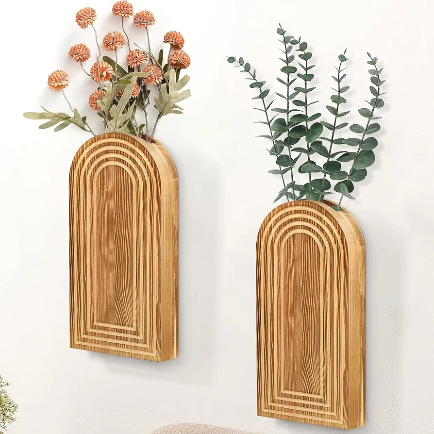 2 Pack Wall Decor Wood Wall Planters for Indoor Plants, Modern Wall Planter for Bathroom, Living Room, Kitchen Wall Decor, Farmhouse Wall Vase for Decor Dried Flowers and Faux Greenery(Rustic Brown)