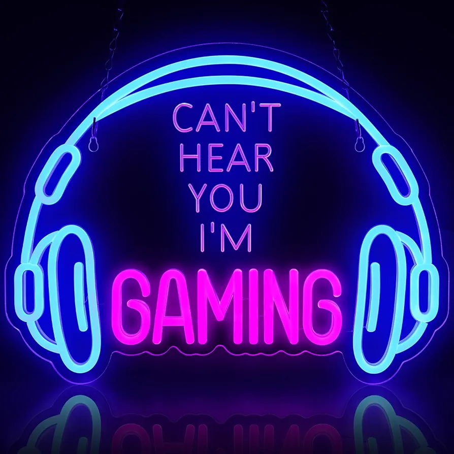 Gaming Neon Sign, Large Bright and Dimmable Colored LED Headset Gamer Neon Light and USB Powered Headphone Lightup Game Signs for Game Zone Video Room Boy Bedroom Wall Decor (Can't Hear You I'm Gaming)