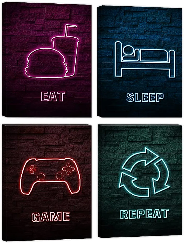 Game Room Wall Art Decor Printed Neon Effect Gaming Decorations Canvas Prints Gamers Wall Decor Video Game Posters Pictures for Boys Bedroom Video Game Room Playroom Paintings Framed Ready to Hang