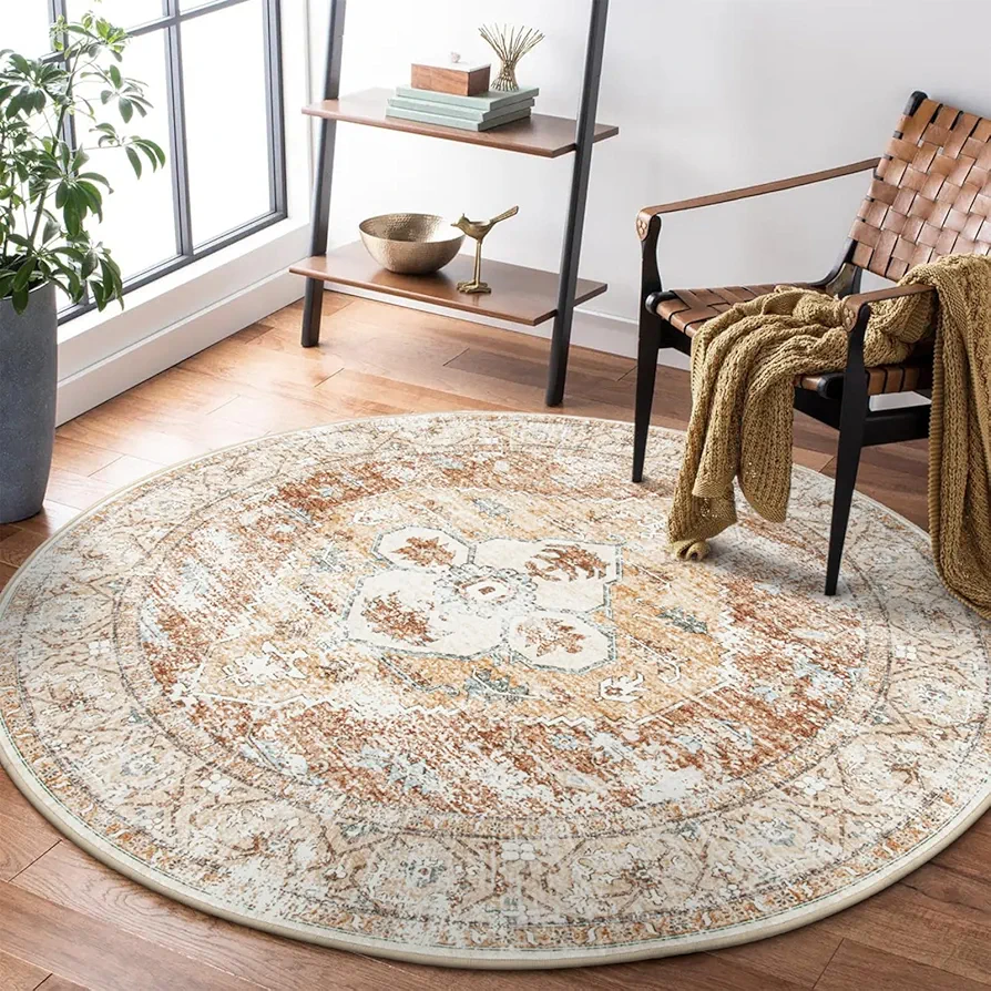 Lahome Boho Circle Rug - 6Ft Washable Round Area Rugs for Living Room Non-Slip Throw Round Dining Room Rug Large Round Rug, Oriental Distressed Print Circular Rug for Office Classroom Bedroom Sofa