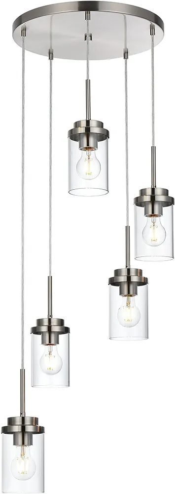 MELUCEE 5-Light Cluster Pendant Lights Stairwell Lighting Brushed Nickel Chandelier for Dining Room, Modern Kitchen Island Pendant Lighting Adjustable Hanging Ceiling Lamp with Clear Glass Shade