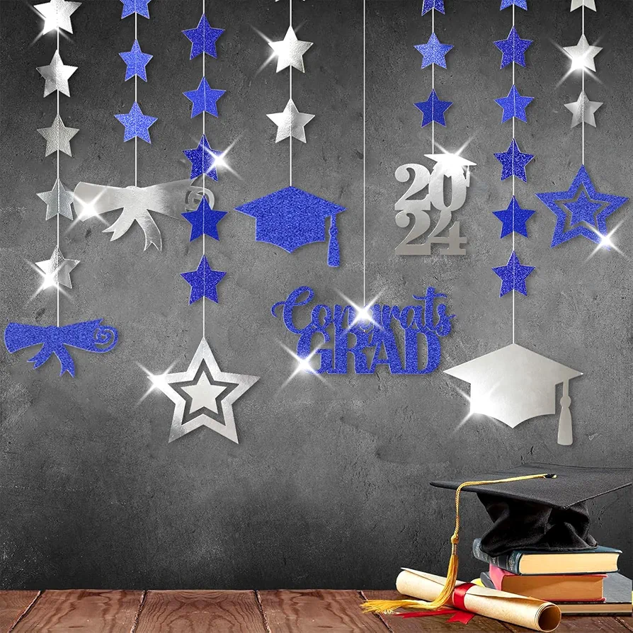 Navy Blue Silver Graduation Party-Decorations Garland - 8pcs Congrats Grad Class 2024 Banner,Star Hat Hanging Streamers,College High School Congratulations Master Celebration Classroom Backdrop Decor