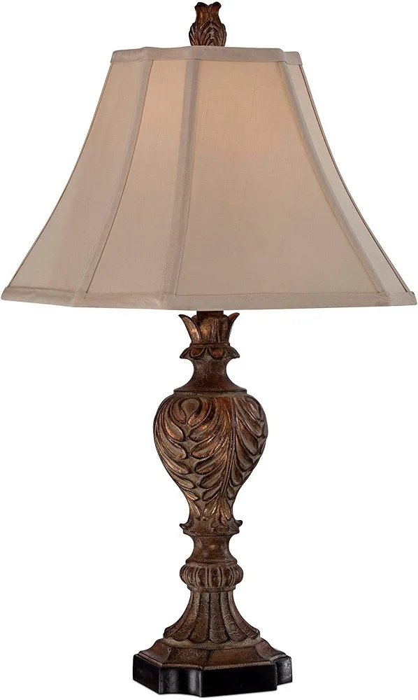 Regency Hill Regio Traditional Urn-Shaped Table Lamp 25.5" High Aged Brown Carved Acanthus Leaf Tan Sheer Fabric Square Bell Shade for Living Room Bedroom House Bedside Nightstand Home