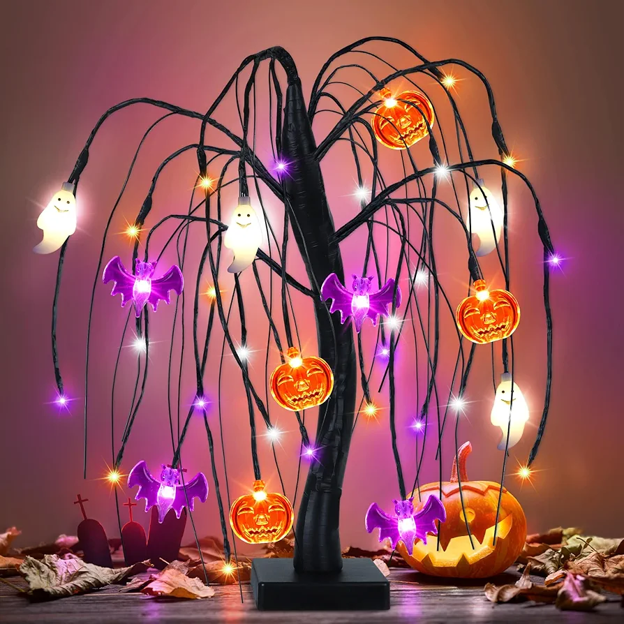 Halloween Table Decorations 18 Inch 36 LED Halloween Willow Tree with Pumpkin Bat Ghost Lights, Timer/USB/Battery Operated Black Halloween Tree Spooky Halloween Decorations Indoor Home Party Room Gift