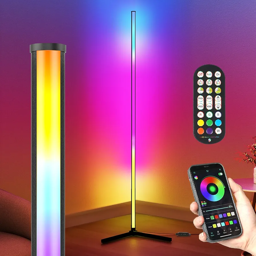 Corner Floor Lamp, 65” LED Smart Modern Music Sync Color Changing RGB Floor Lamp with Remote & App Control for Bedroom, Corner Lamp with 16 Million DIY Modes, Timer Setting for Gaming Room