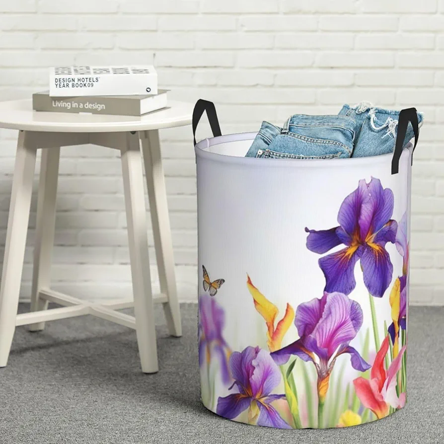 Large Laundry Basket Iris Flower Butterfly Laundry Hamper Collapsible Laundry Baskets Freestanding Waterproof Laundry Bag for Bedroom Bathroom Laundry Room, Small, Black, 65HG6FD54H6