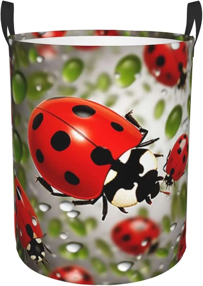 Ladybug Print Laundry Basket Circular Laundry Hamper with Handles Waterproof Circular Hamper Dirty Clothes Basket Portable Storage Bin for Home Organizer Living Room Bathroom Car Small