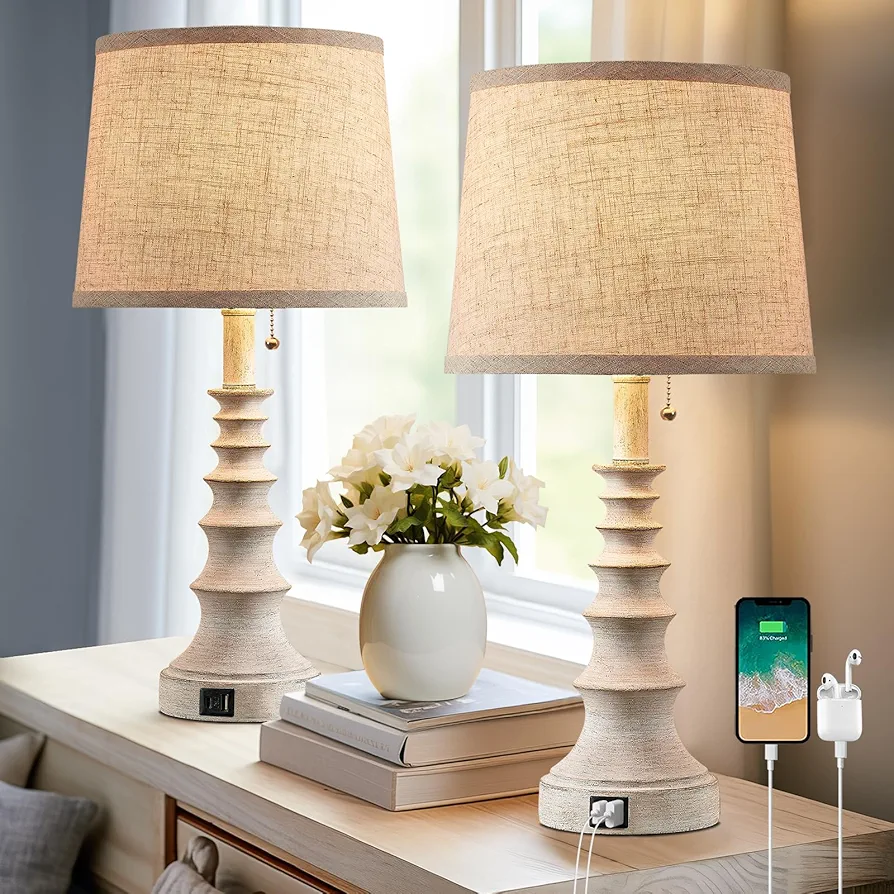 Table Lamps Set of 2 for Bedroom Bedside Nightstand Lamps with USB C+A Charging Ports Traditional Side Table Lamps for Living Room - Pull Chain Switch, Bulbs Not Included