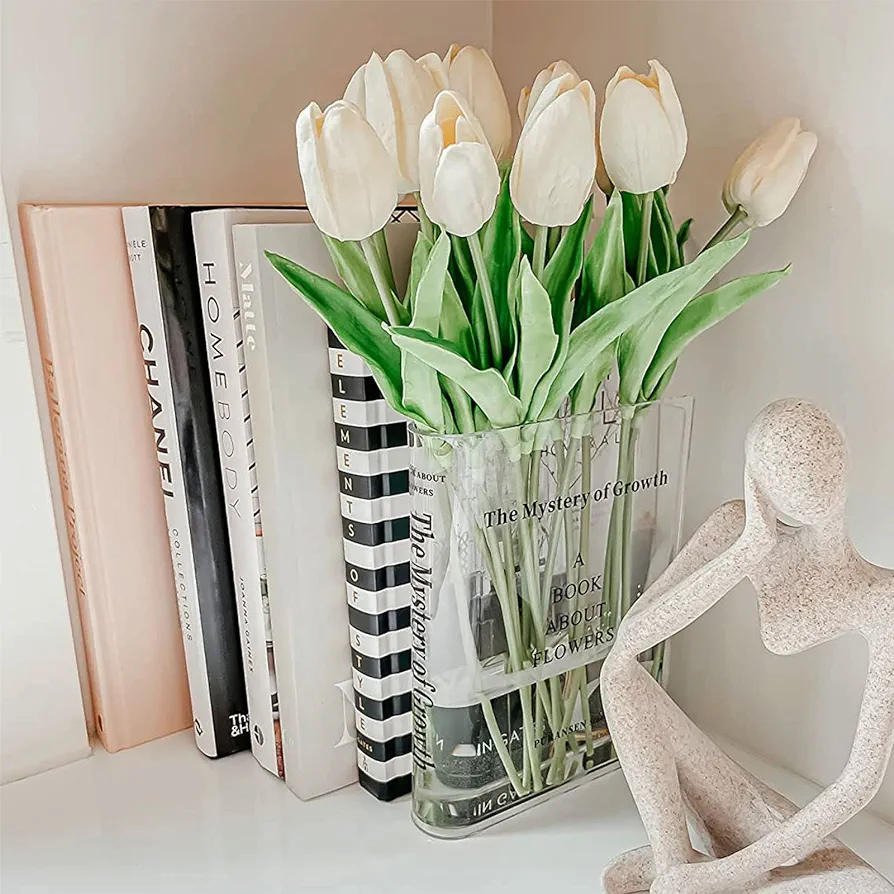 Bookend Vase for Flowers - Cute Bookshelf Decor; Unique Vase for Book Lovers, Artistic and Cultural Flavor Acrylic Vases for Home Office Decor, A Book about Flowers (Clear - B)