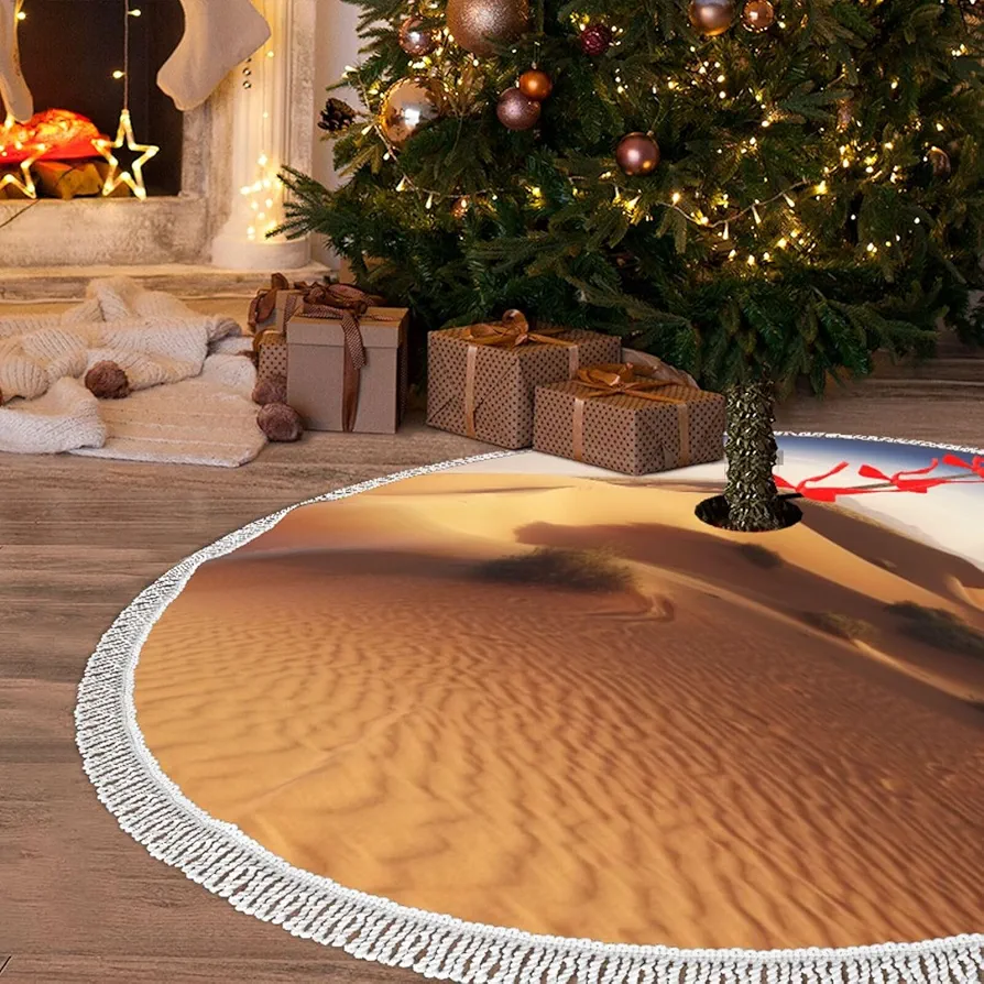 Christmas Tree Skirt with Tassel Desert Landscape 36" Xmas Tree Skirts Tassel Tree Mat Ornament for Home Indoor Outdoor Room Holiday Decoration